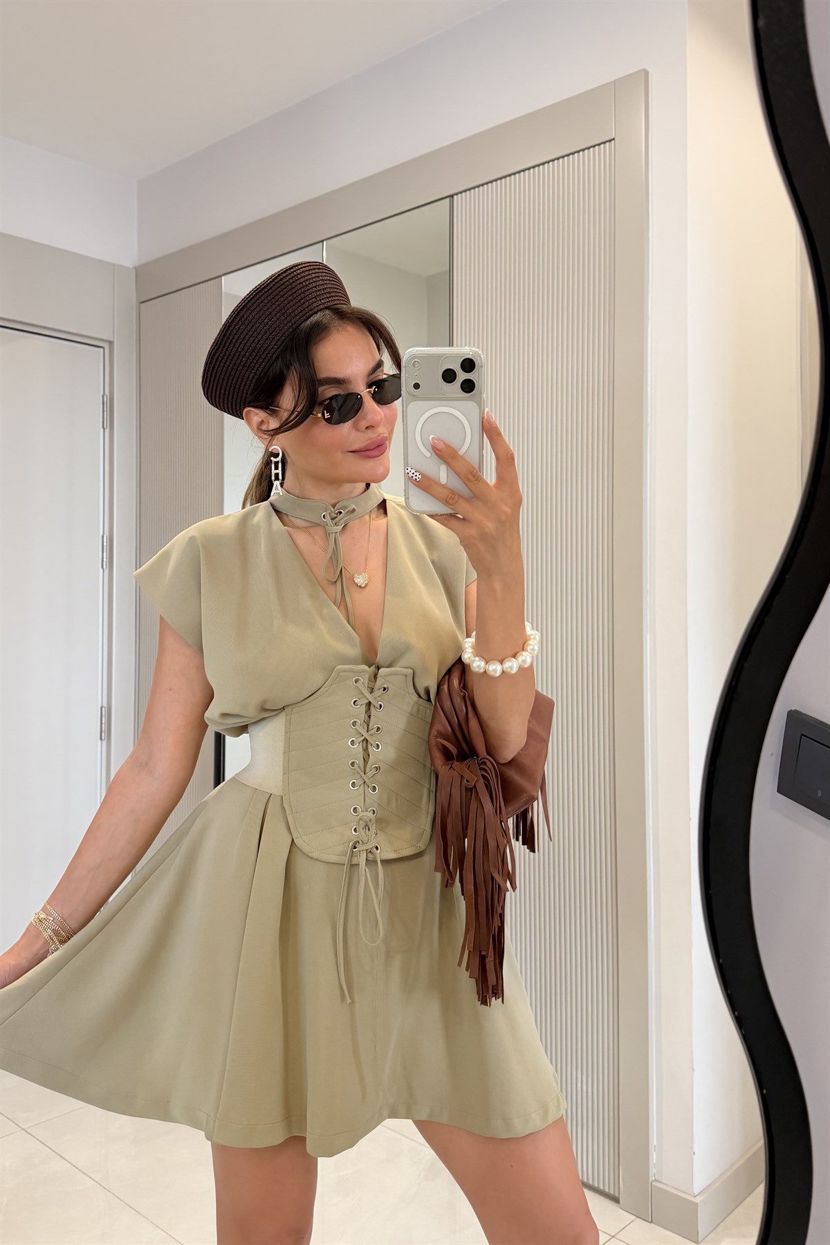 Katie Açık Haki Korse Detaylı Tasarım Elbise