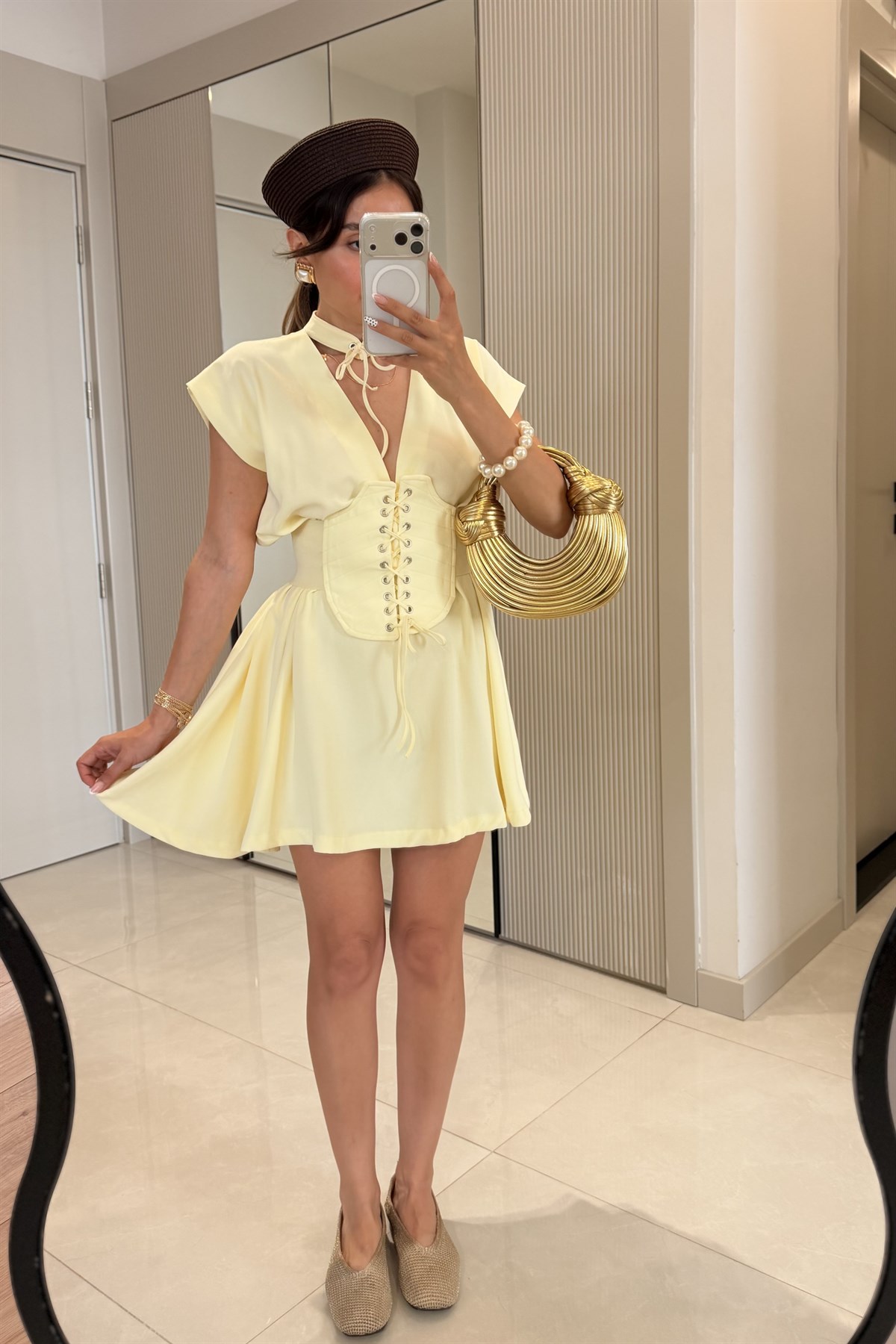 Katie Sarı Korse Detaylı Tasarım Elbise