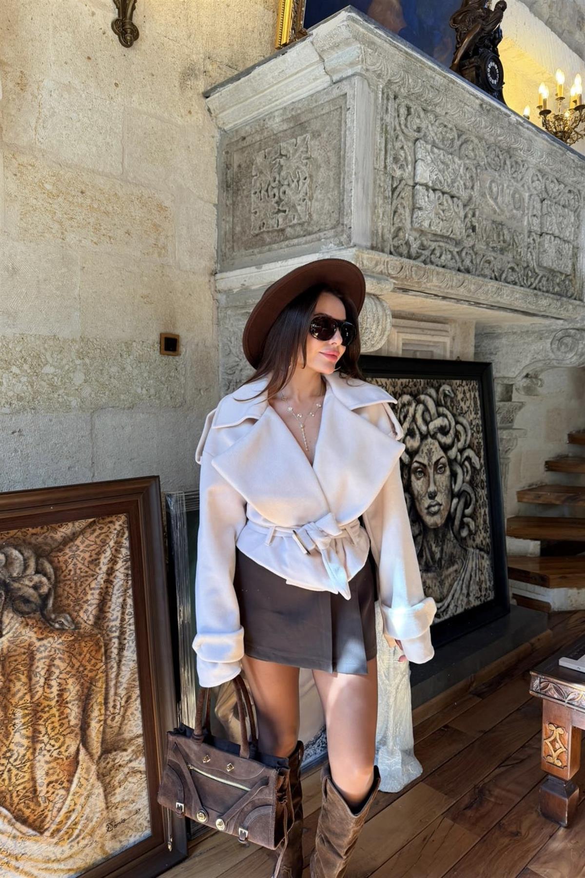 Katina Krem Tasarım Kuşaklı Ceket