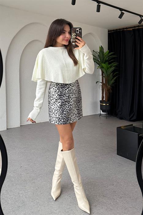 Keith Beyaz Leopar Mini Etek 