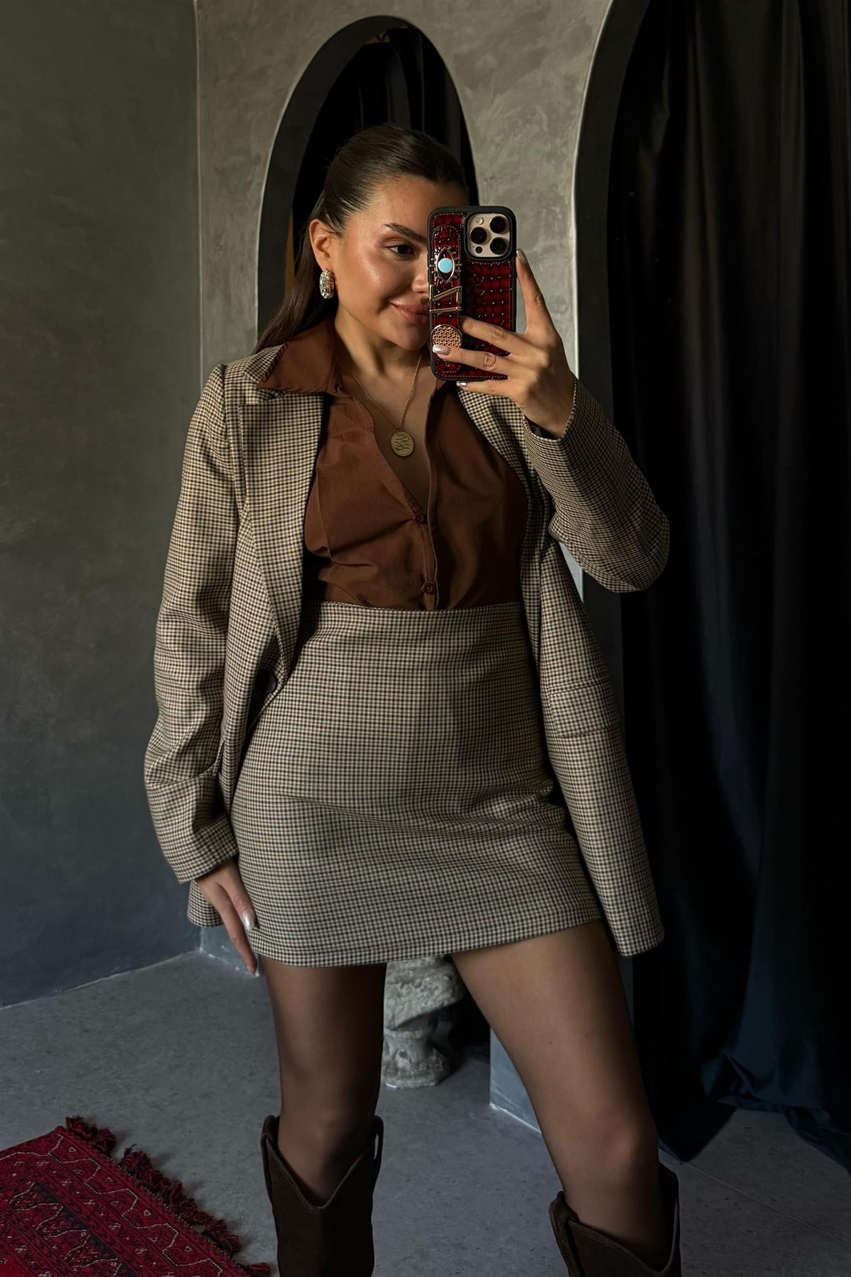 Kendall Desenli Blazer Etek Takım