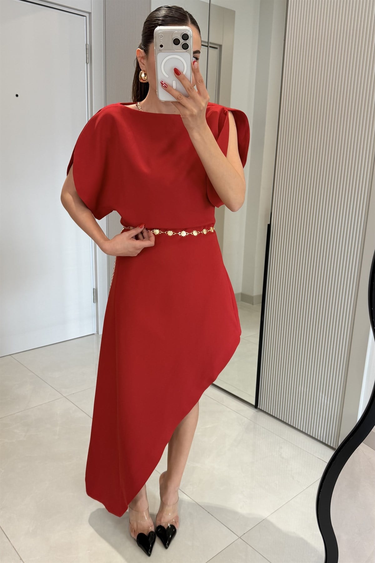 Kendall Kırmızı Premium Asimetrik Elbise