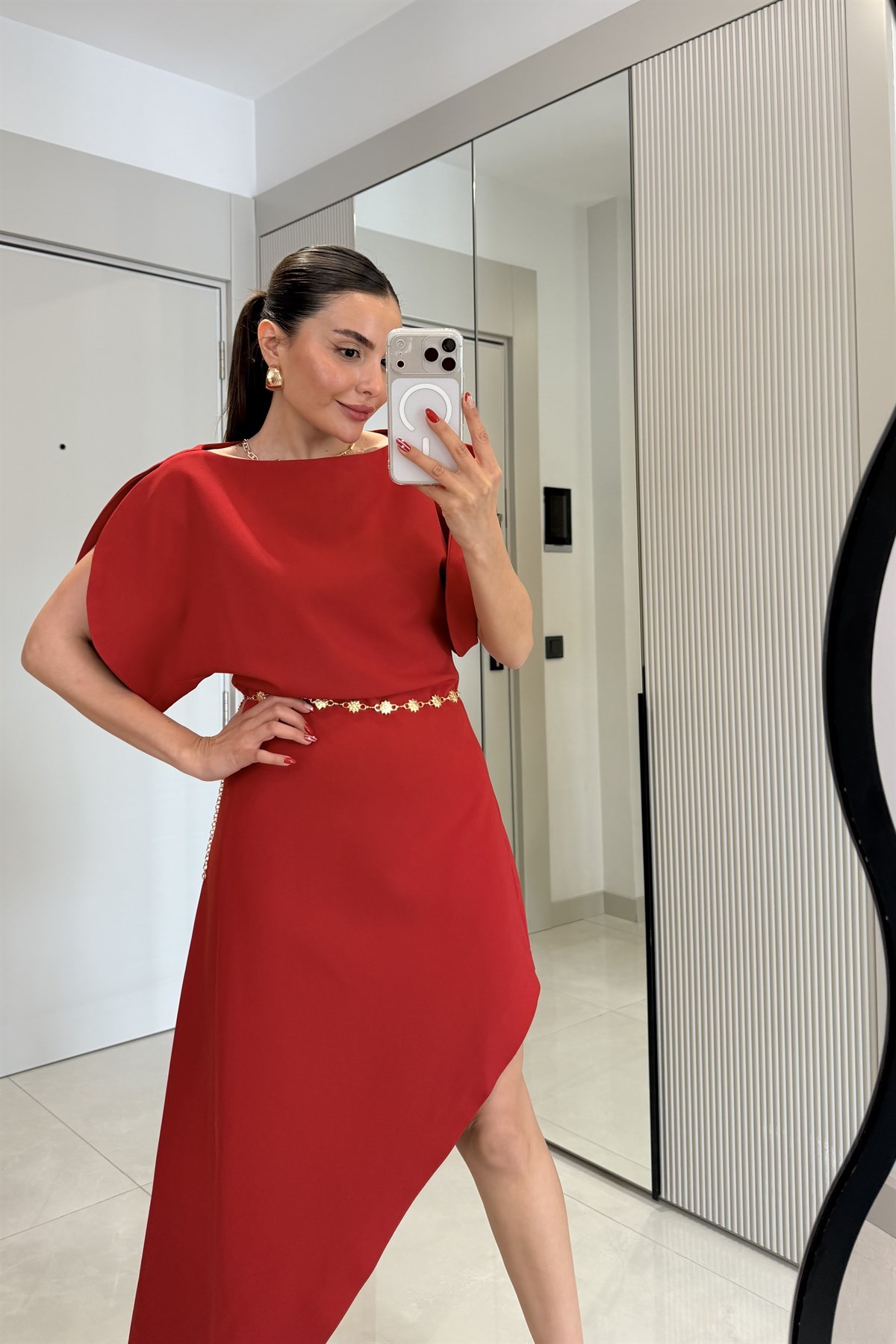 Kendall Kırmızı Premium Asimetrik Elbise
