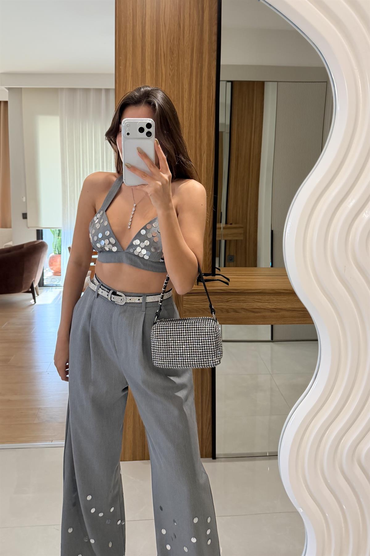 Kenedy Gri Payetli Crop