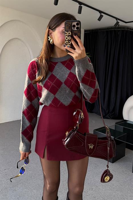 Keou Yırtmaçlı Bordo Şort Etek