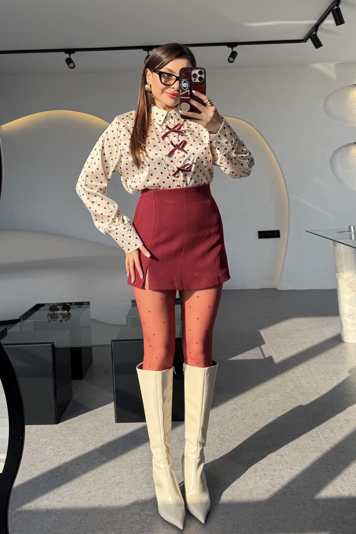 Keou Yırtmaçlı Bordo Şort Etek