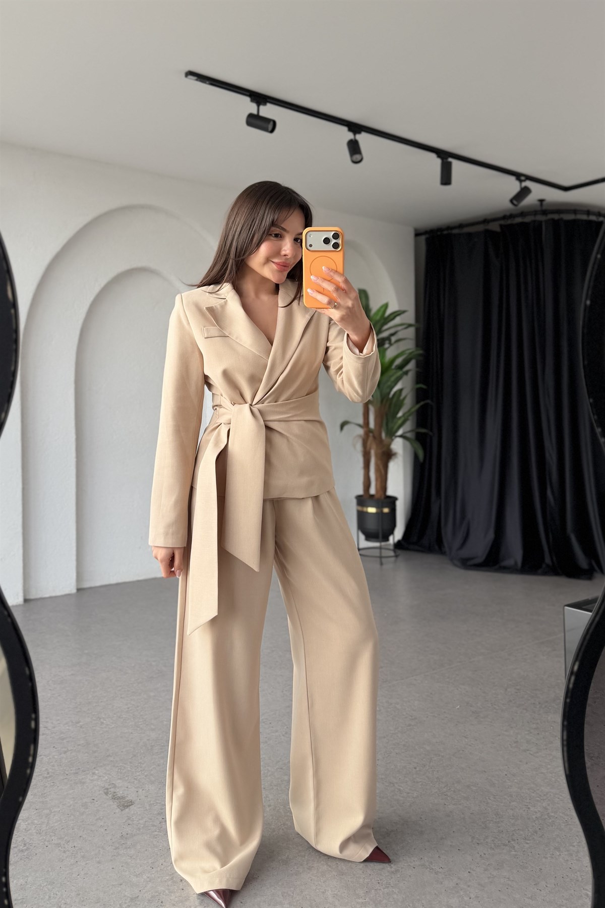 Kewin Bej Bağlamalı Premium Blazer Takım