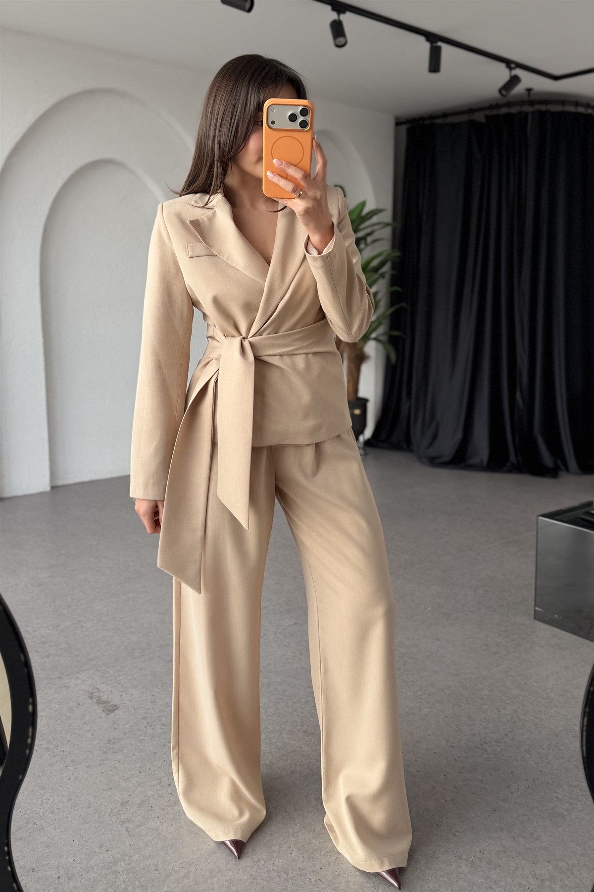 Kewin Bej Bağlamalı Premium Blazer Takım