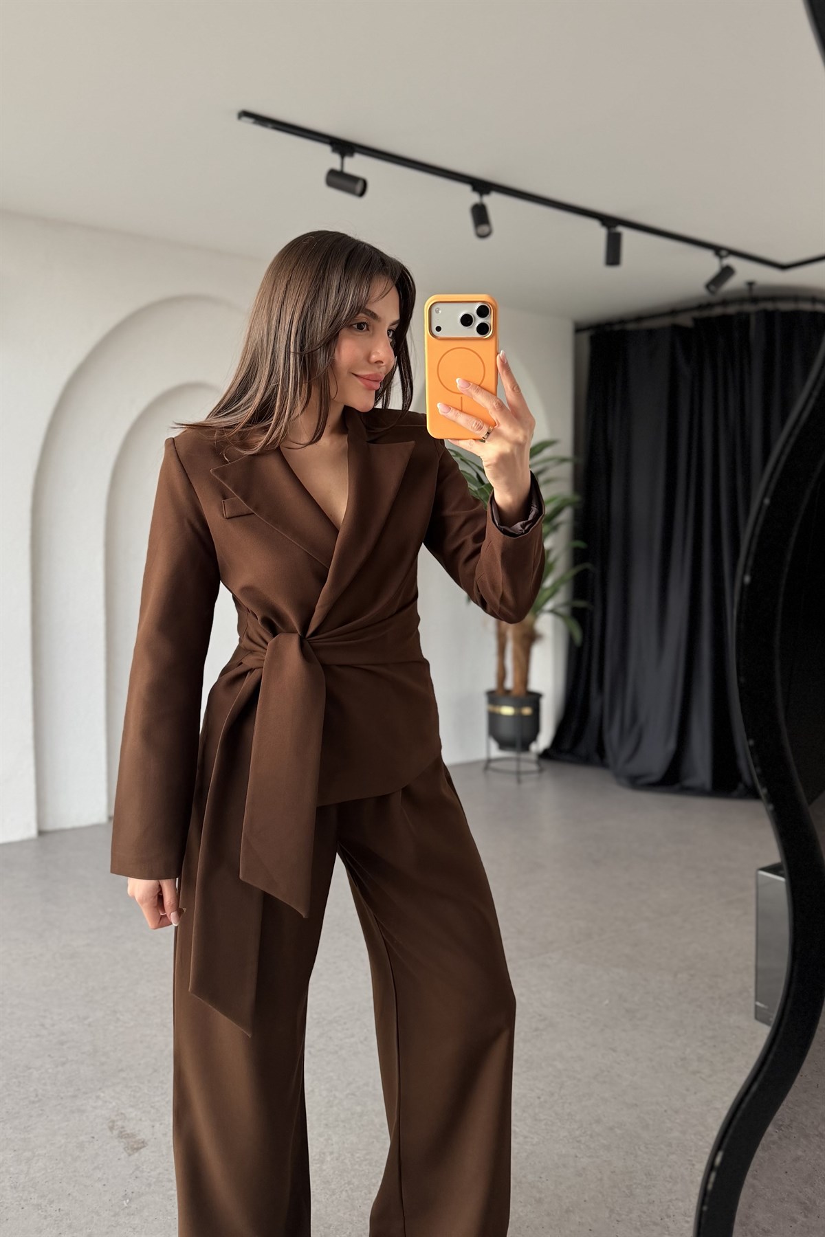 Kewin Kahve Bağlamalı Premium Blazer Takım