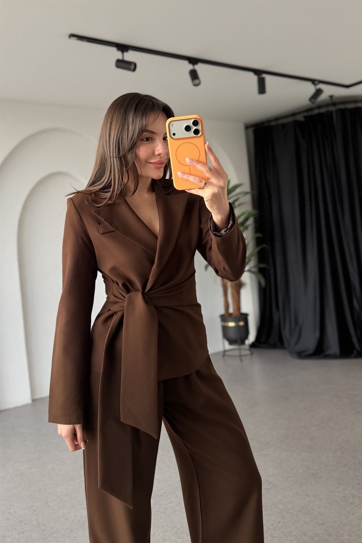 Kewin Kahve Bağlamalı Premium Blazer Takım