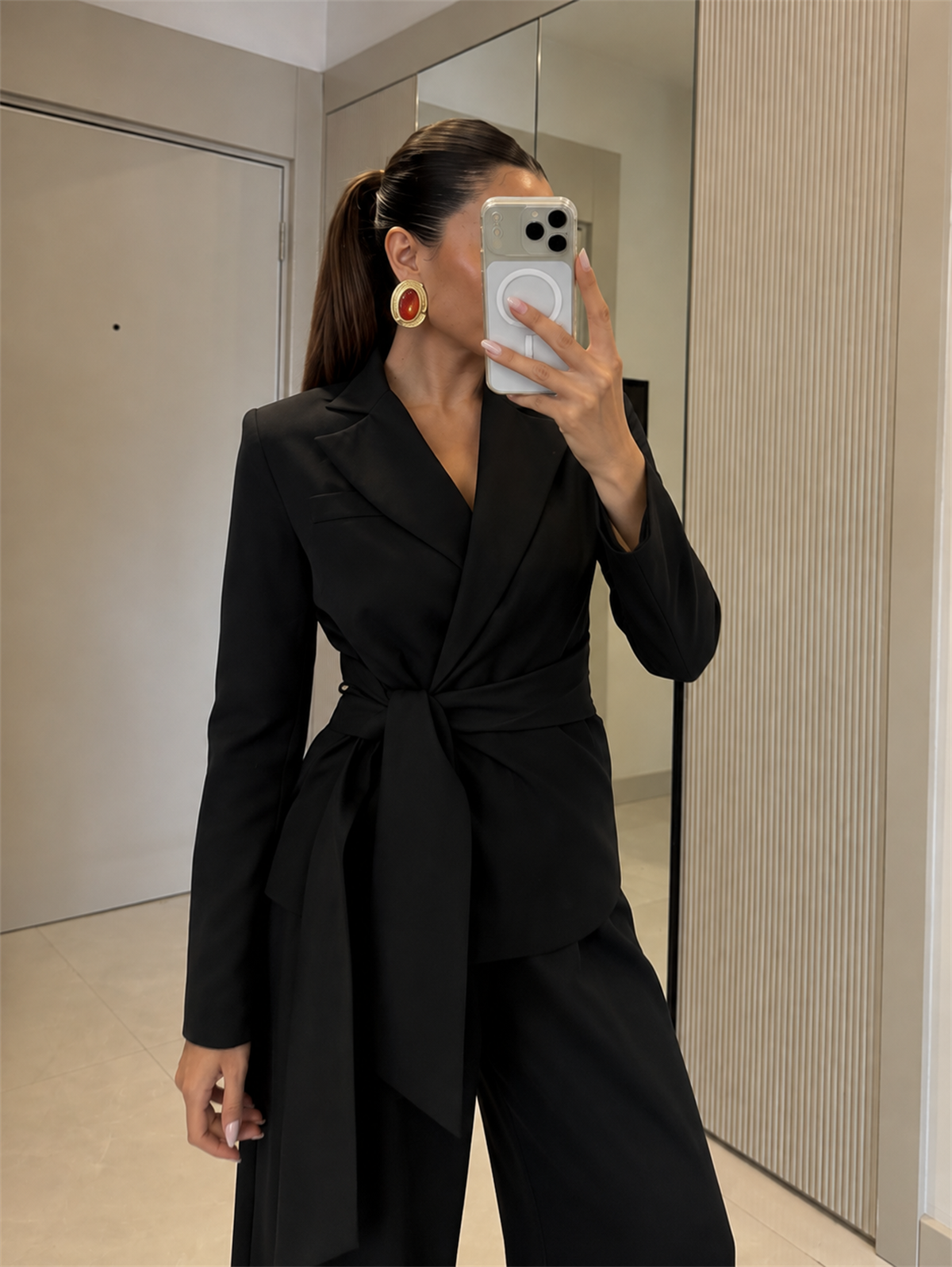 Kewin Siyah Bağlamalı Premium Blazer Takım