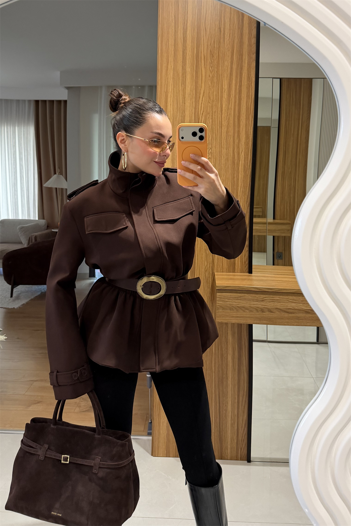 Keych Kahve Bel Lastikli Premium Ceket