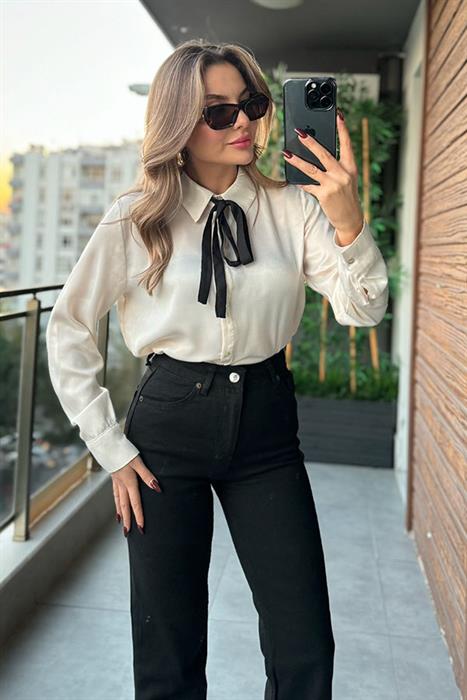 Khaleesi Yakası Bağcıklı Saten Gömlek