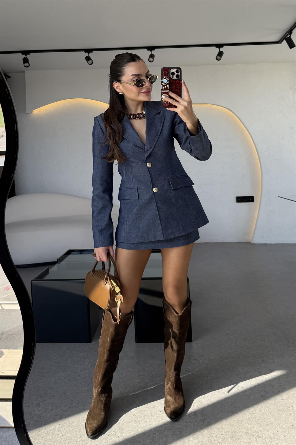 Kiana Gold Düğmeli Denim Efektli Takım