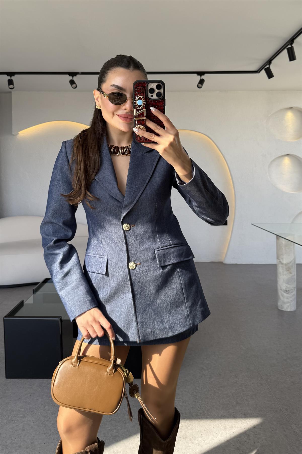 Kiana Gold Düğmeli Denim Efektli Takım