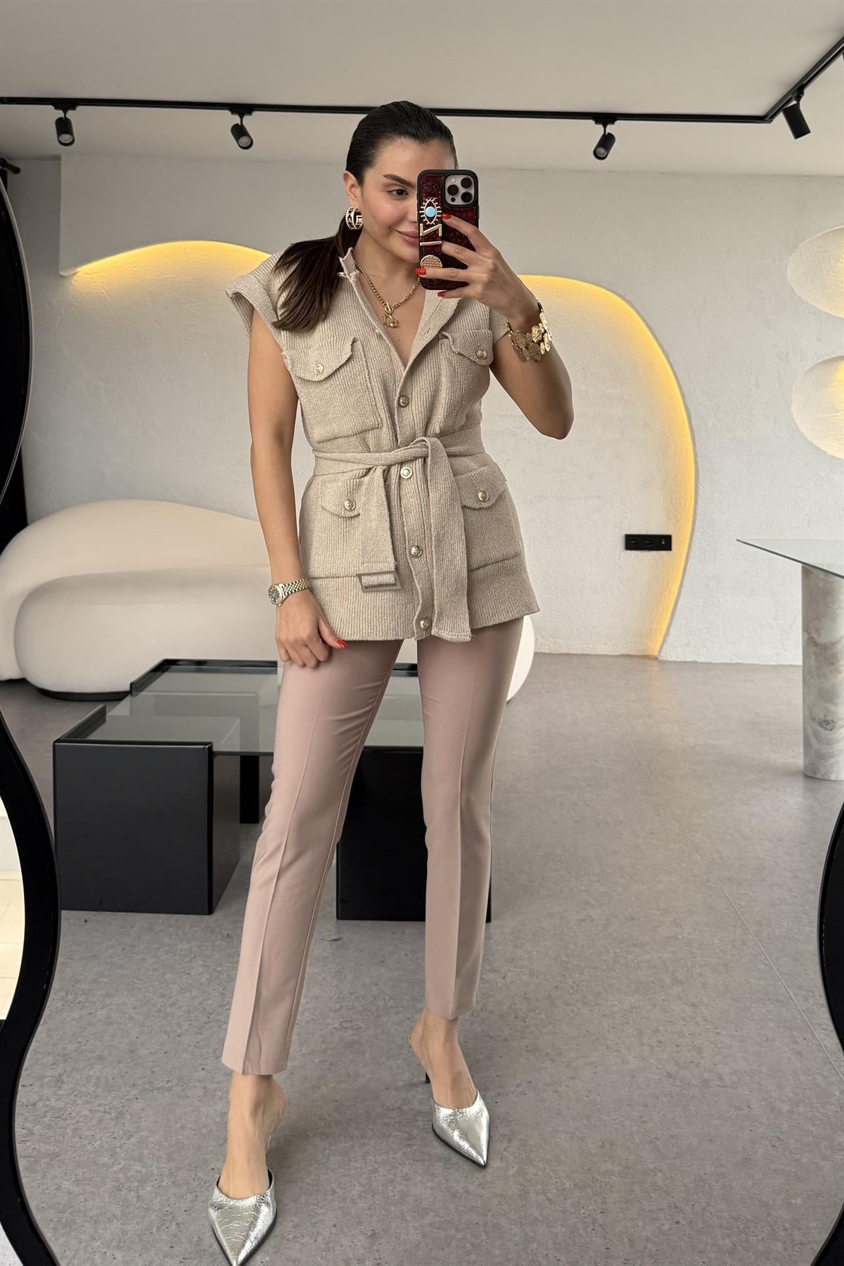 Kiara ultra yüksek bel Camel dar paça