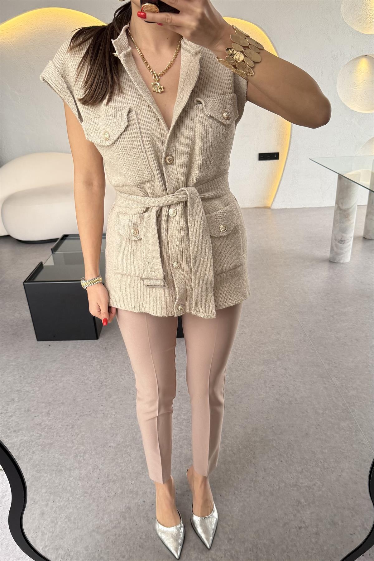 Kiara ultra yüksek bel Camel dar paça