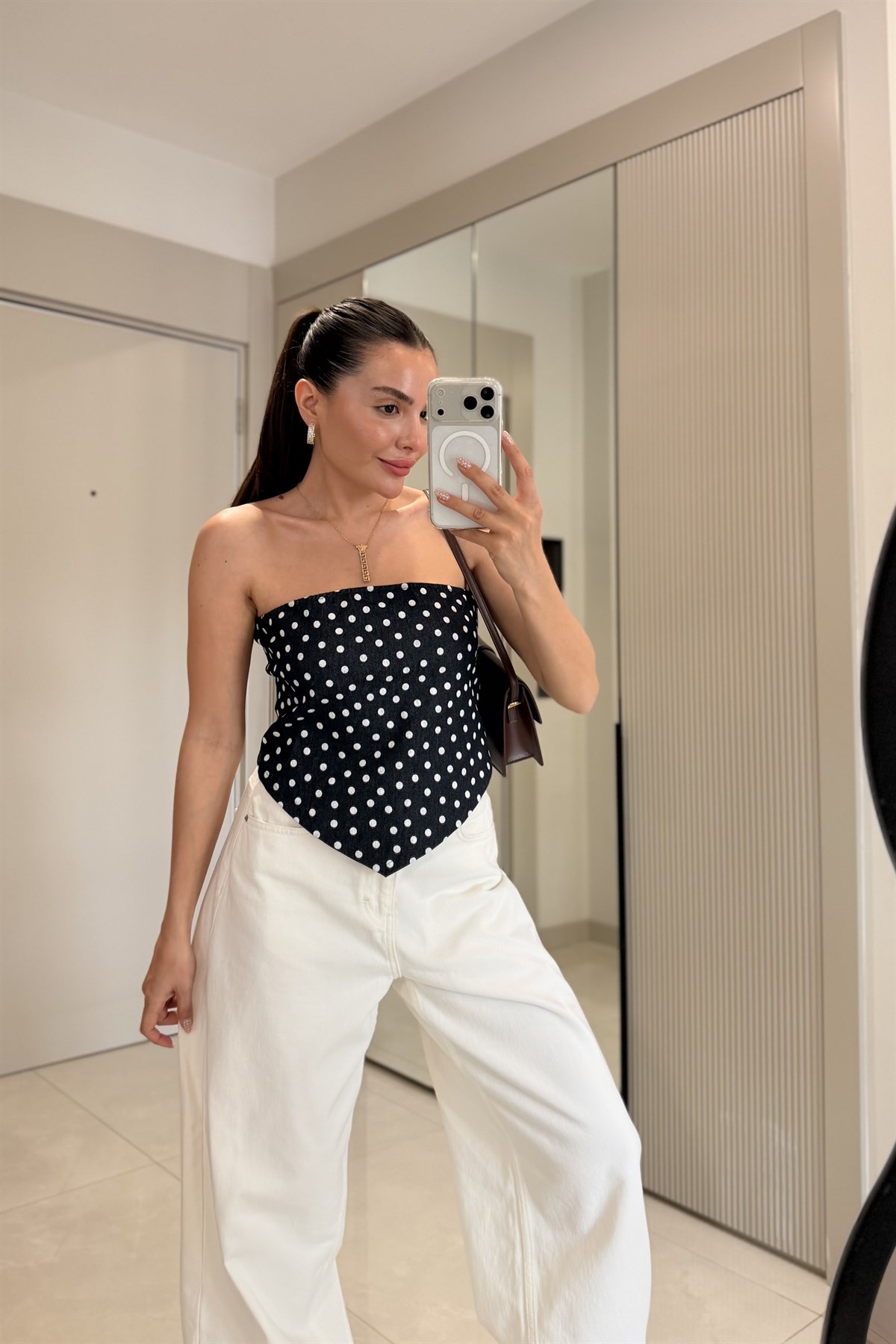 Kidney Puantiye Desen Denim Fular Bluz