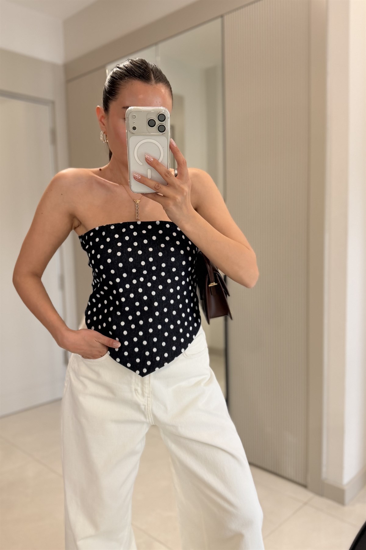 Kidney Puantiye Desen Denim Fular Bluz