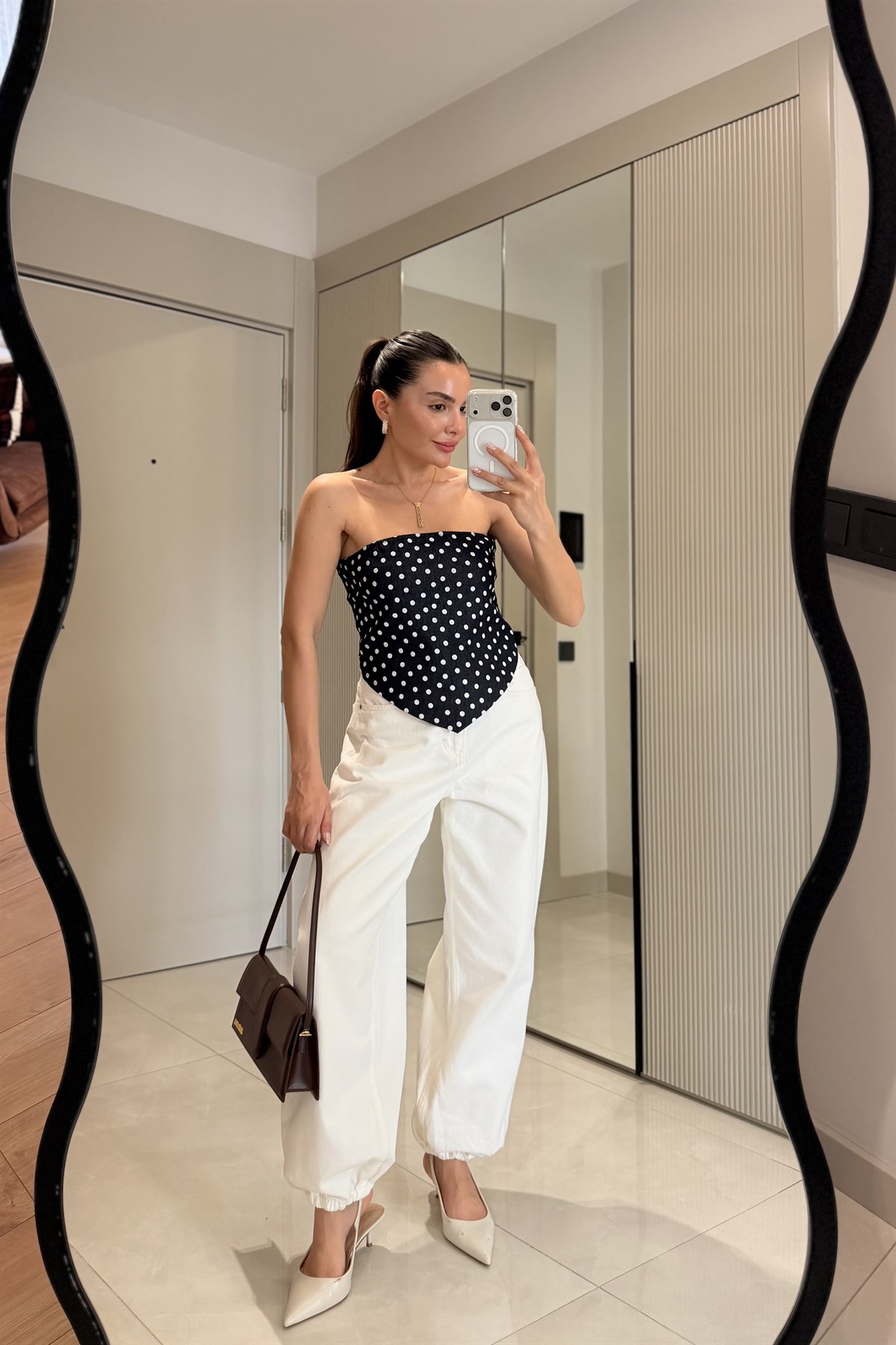 Kidney Puantiye Desen Denim Fular Bluz