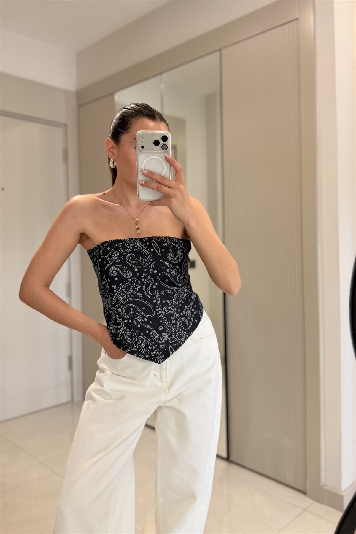 Kidney Şal Desen Denim Fular Bluz
