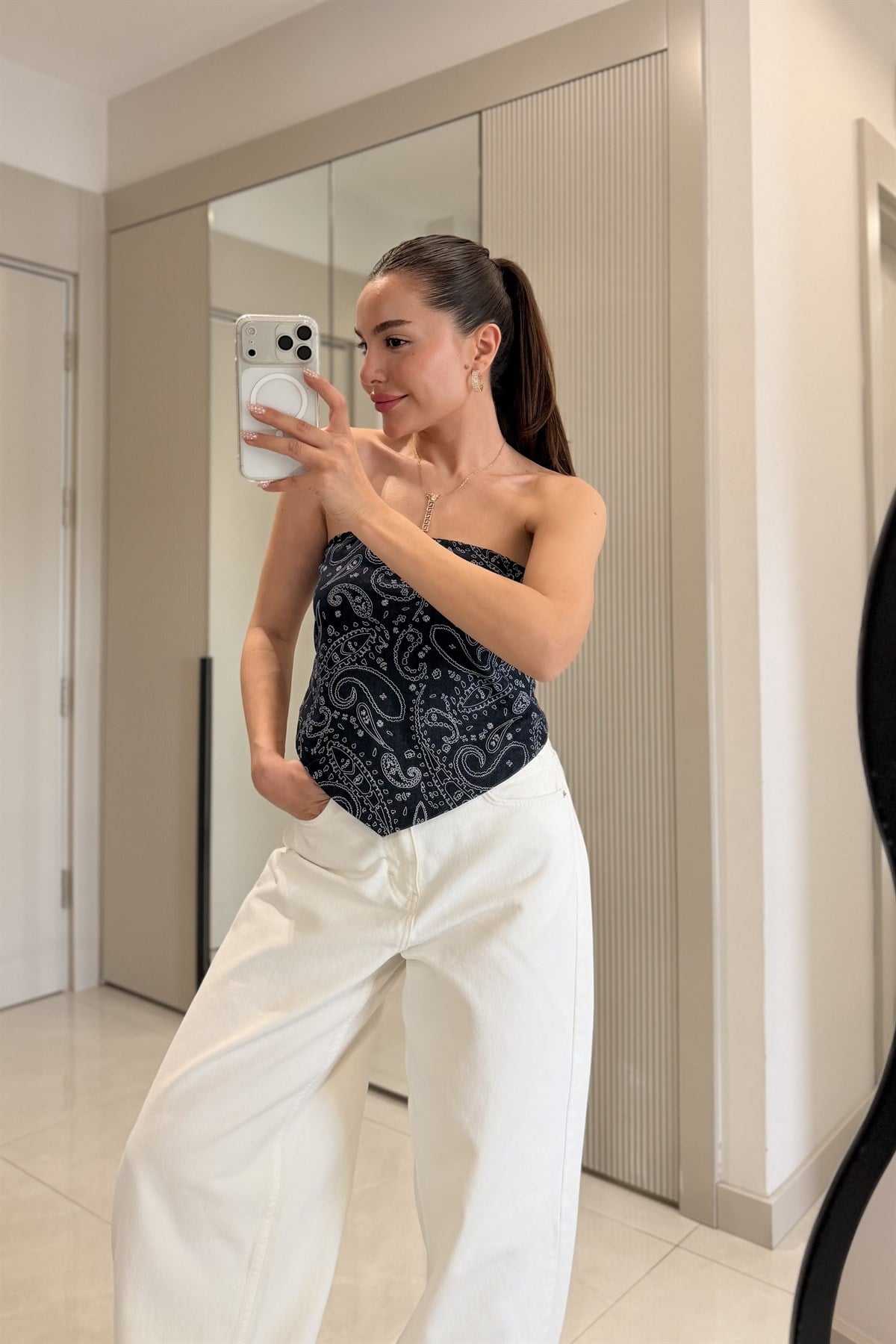 Kidney Şal Desen Denim Fular Bluz