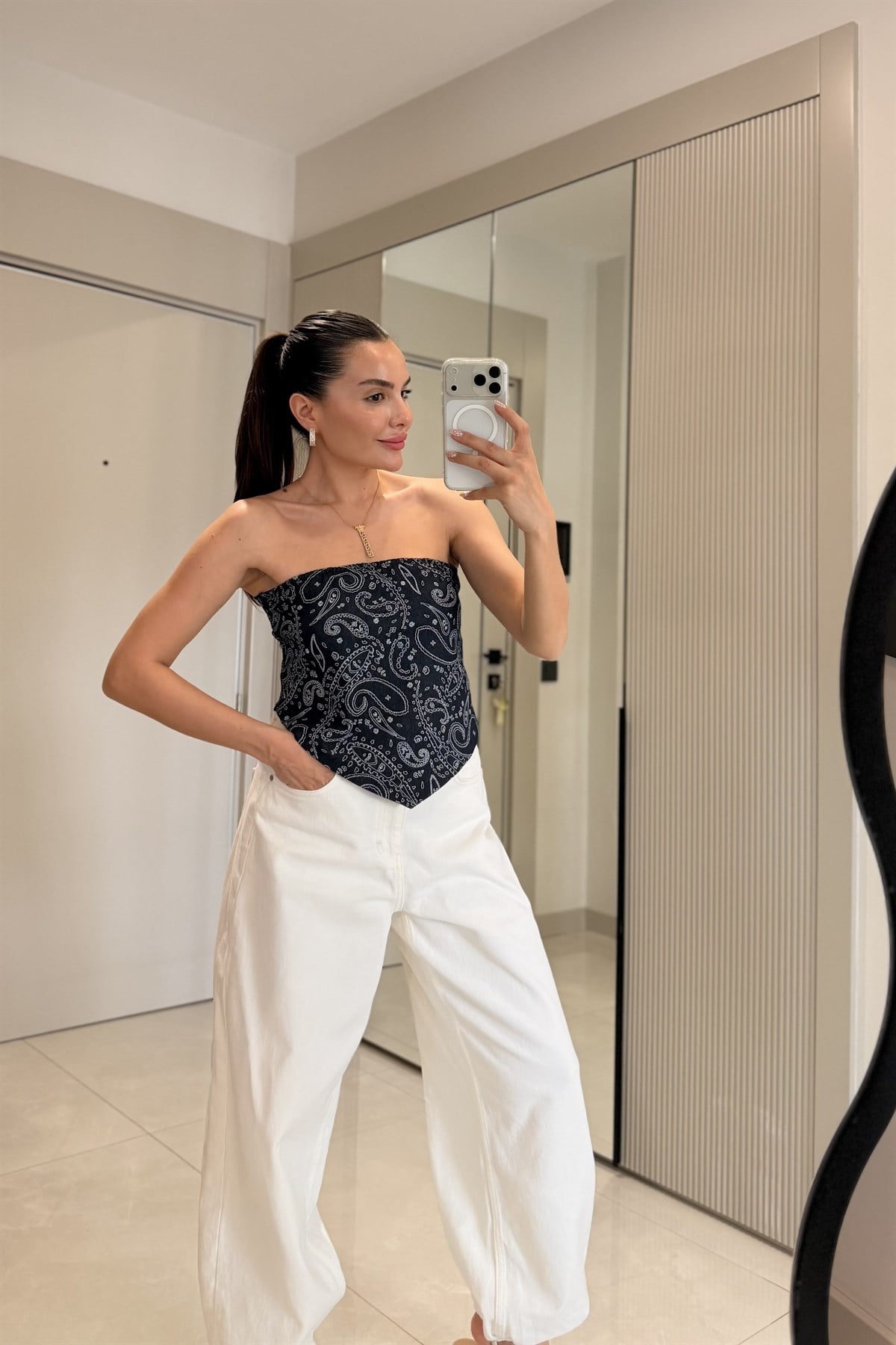 Kidney Şal Desen Denim Fular Bluz