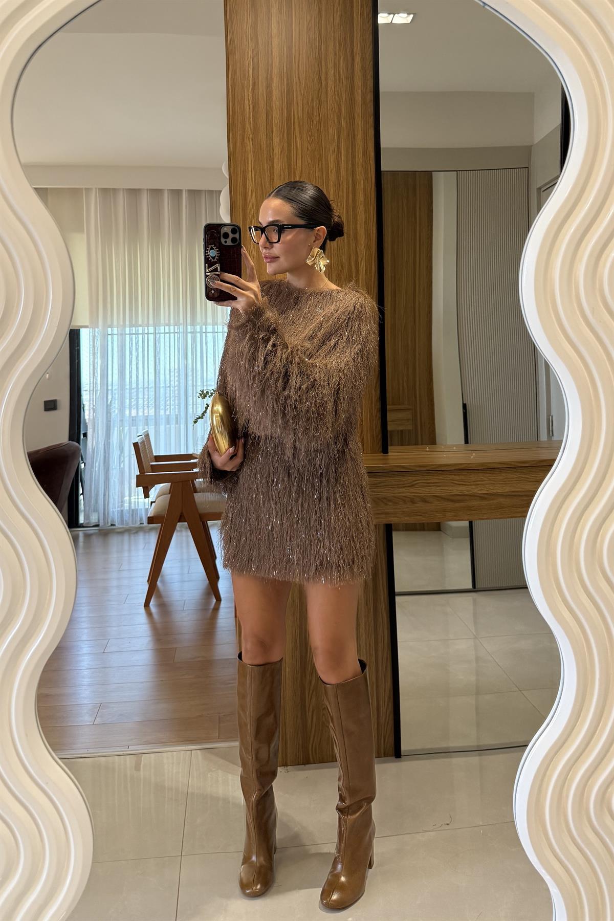 Kiew Kahve Saçaklı Etek Bluz Takım