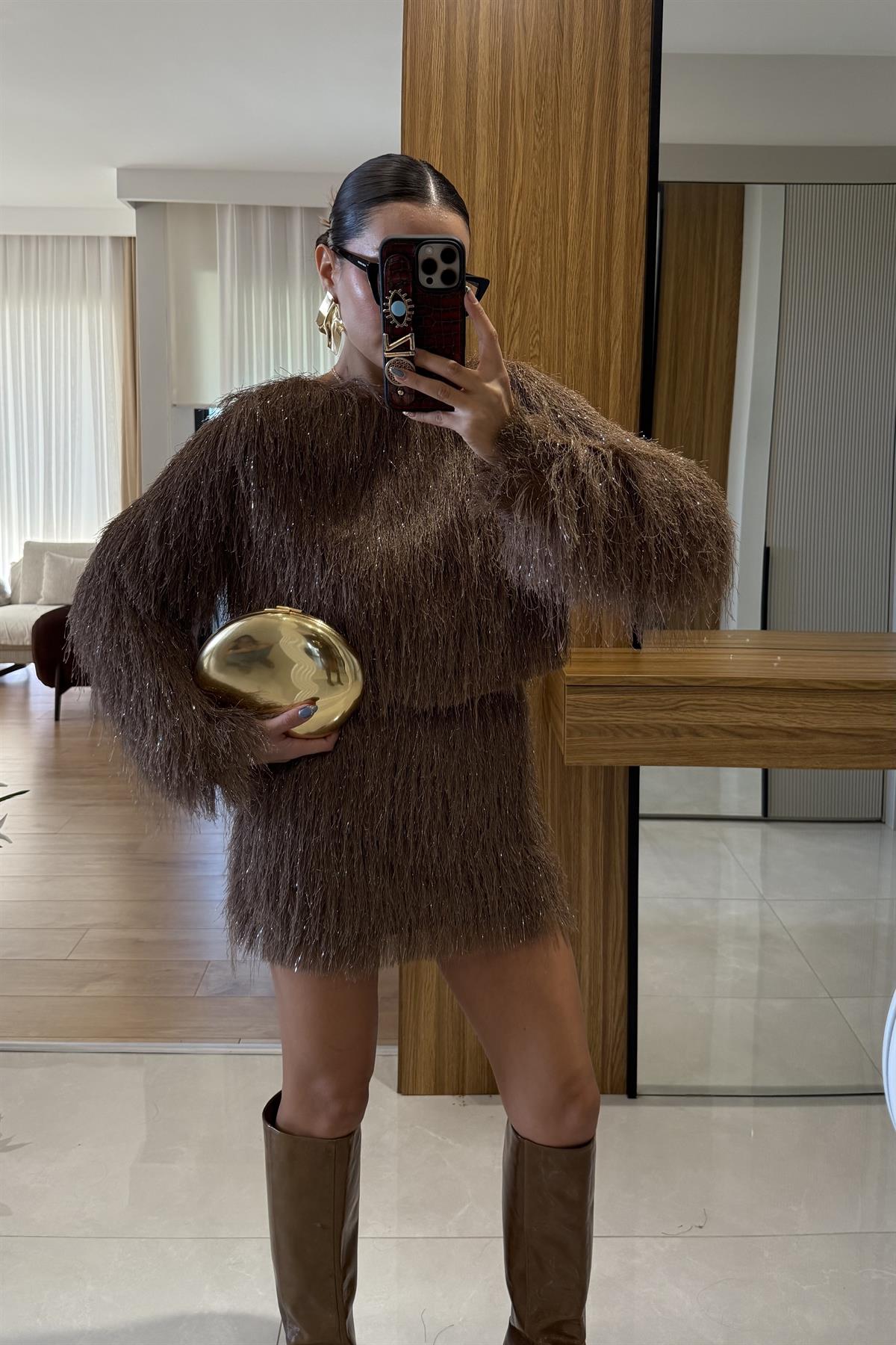 Kiew Kahve Saçaklı Etek Bluz Takım