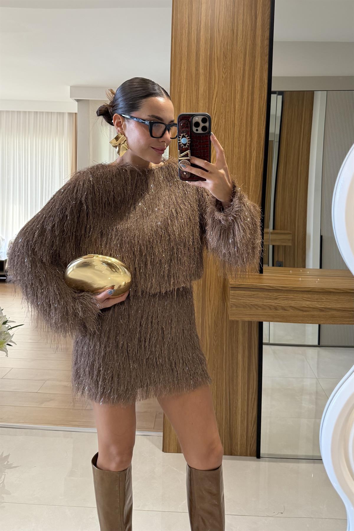 Kiew Kahve Saçaklı Etek Bluz Takım