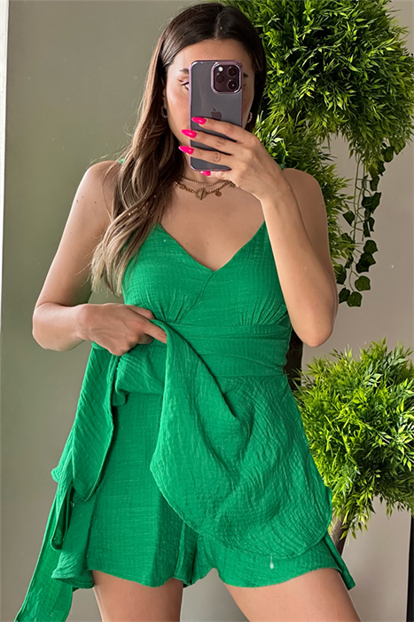 Kiki bel kuşak detaylı şort tulum - Yeşil