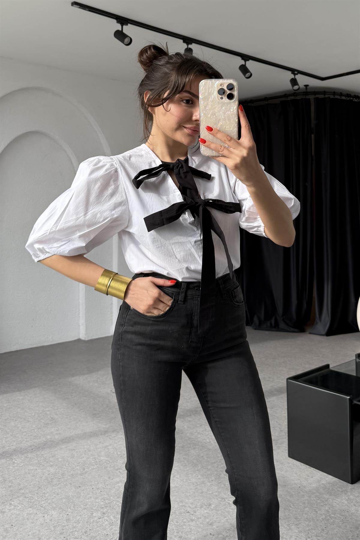 Kintana Beyaz Bağlamalı Poplin Bluz