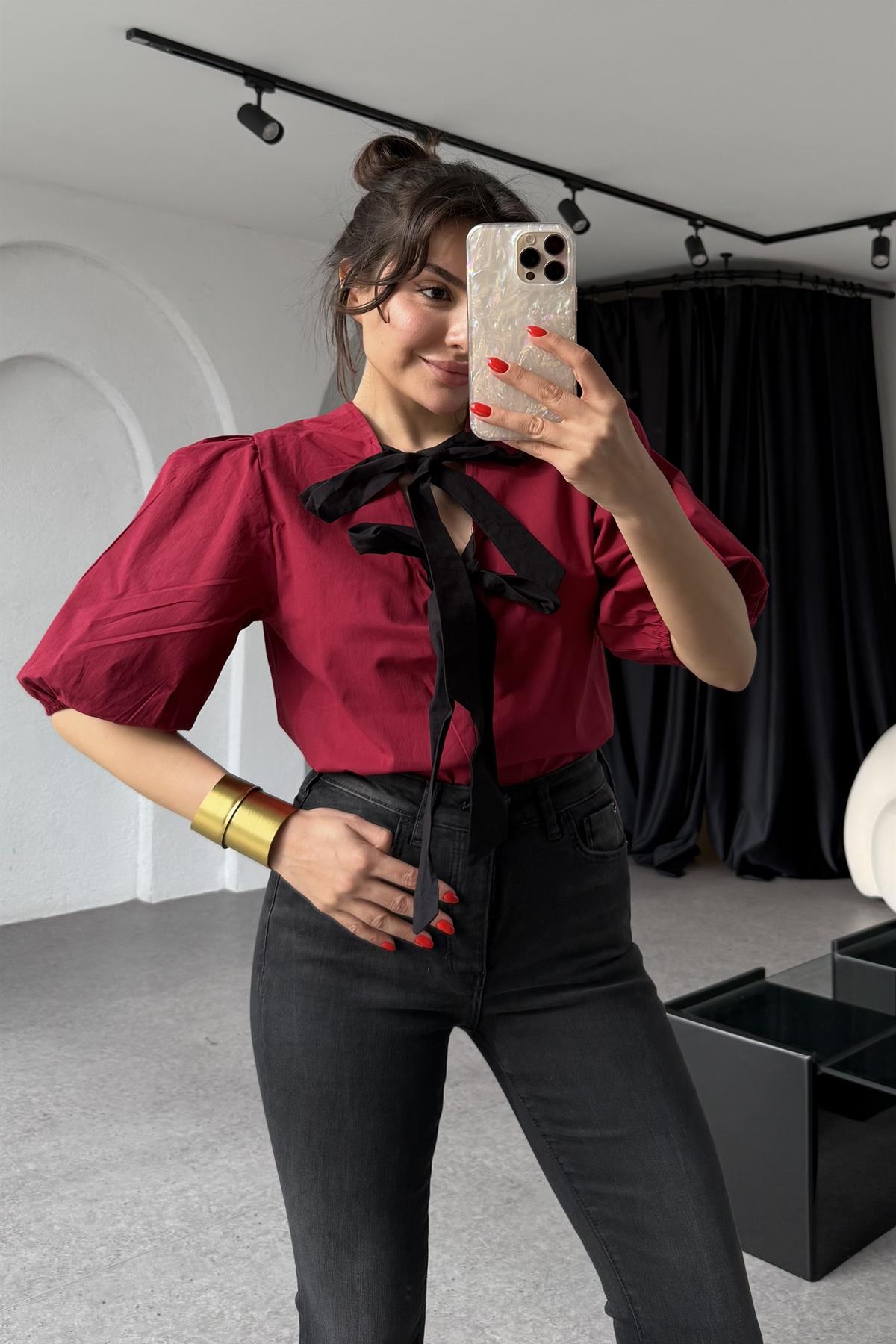 Kintana Bordo Bağlamalı Poplin Bluz