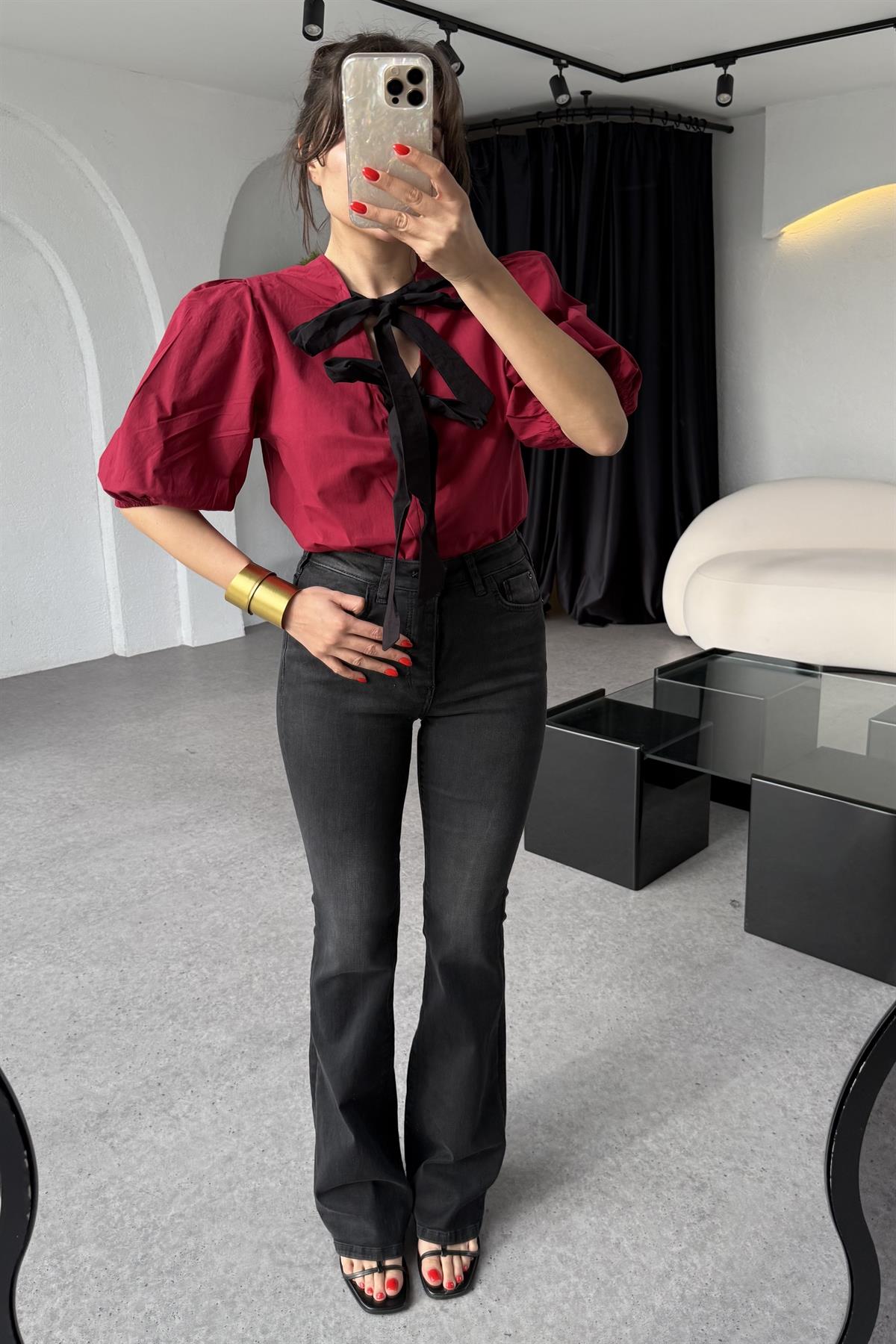 Kintana Bordo Bağlamalı Poplin Bluz