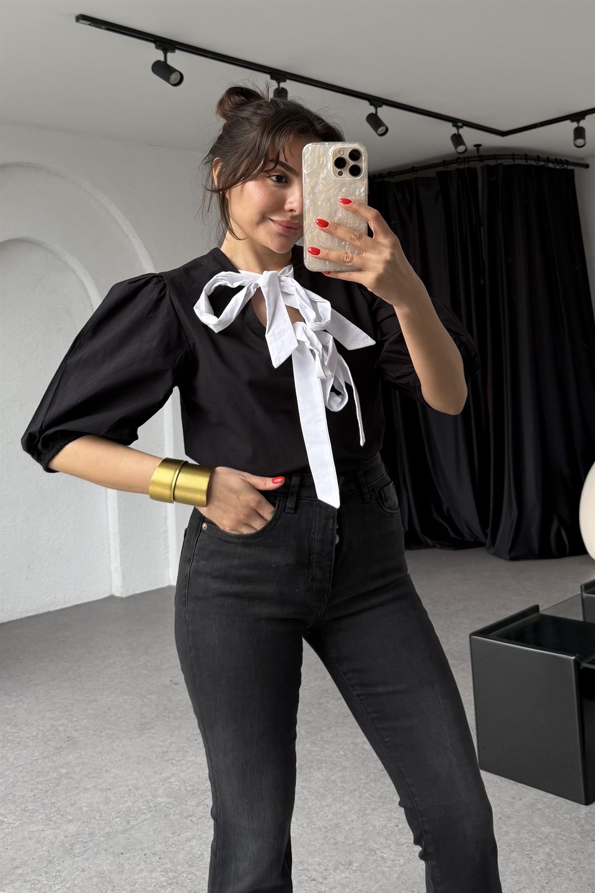 Kintana Siyah Bağlamalı Poplin Bluz