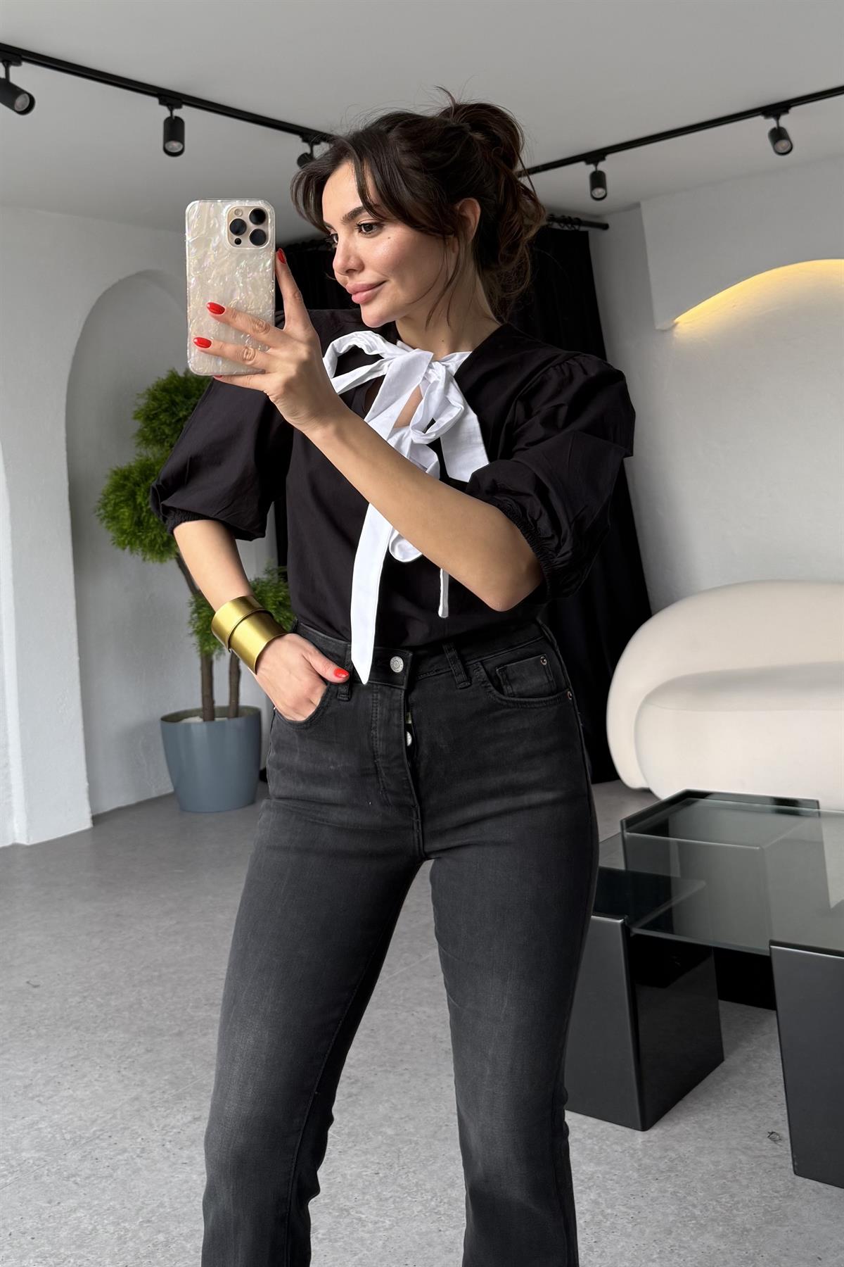 Kintana Siyah Bağlamalı Poplin Bluz