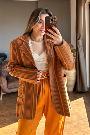 Kiremit çizgili blazer ceket