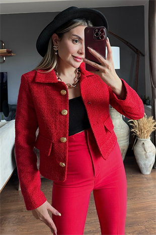 Kırmızı gold düğmeli tüvit blazer ceket
