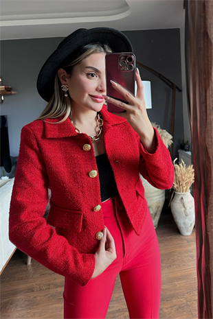 Kırmızı gold düğmeli tüvit blazer ceket