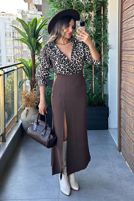 Kıtty Yırtmaçlı Acı Kahve Etek