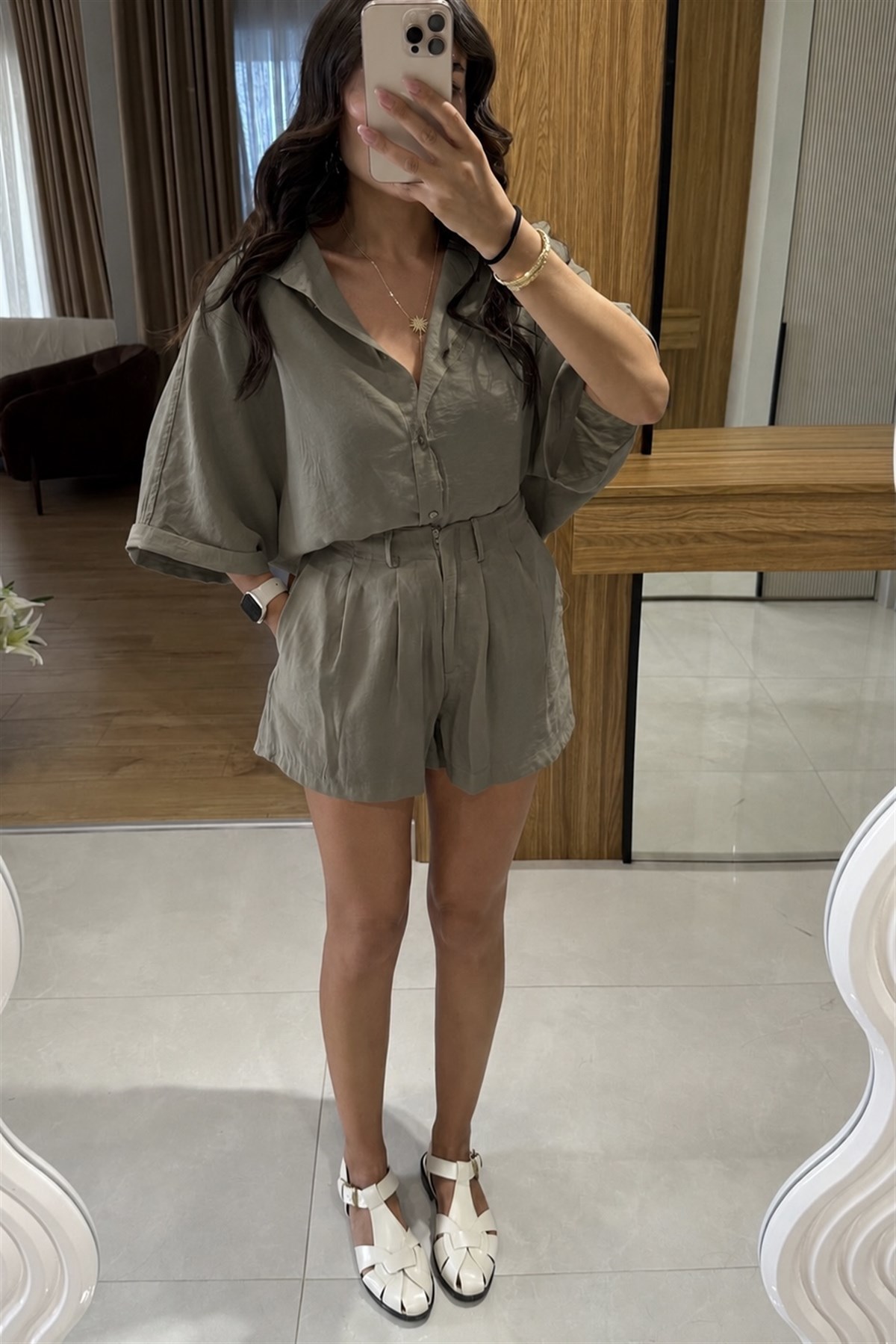 Klara Haki Tensel Şort Gömlek Takım