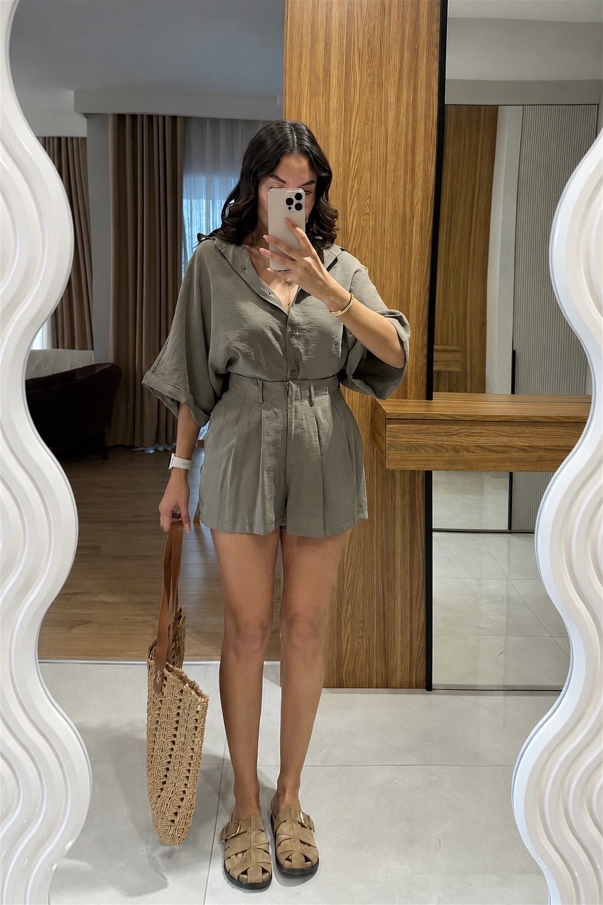 Klara Haki Tensel Şort Gömlek Takım