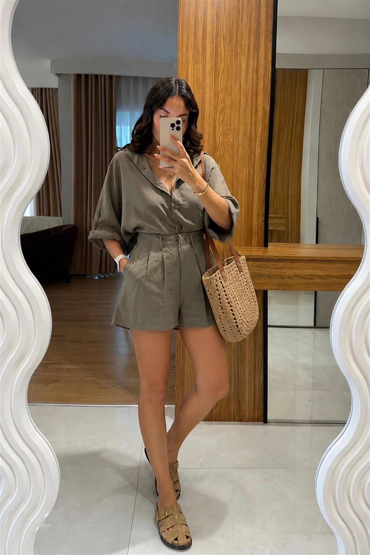 Klara Haki Tensel Şort Gömlek Takım
