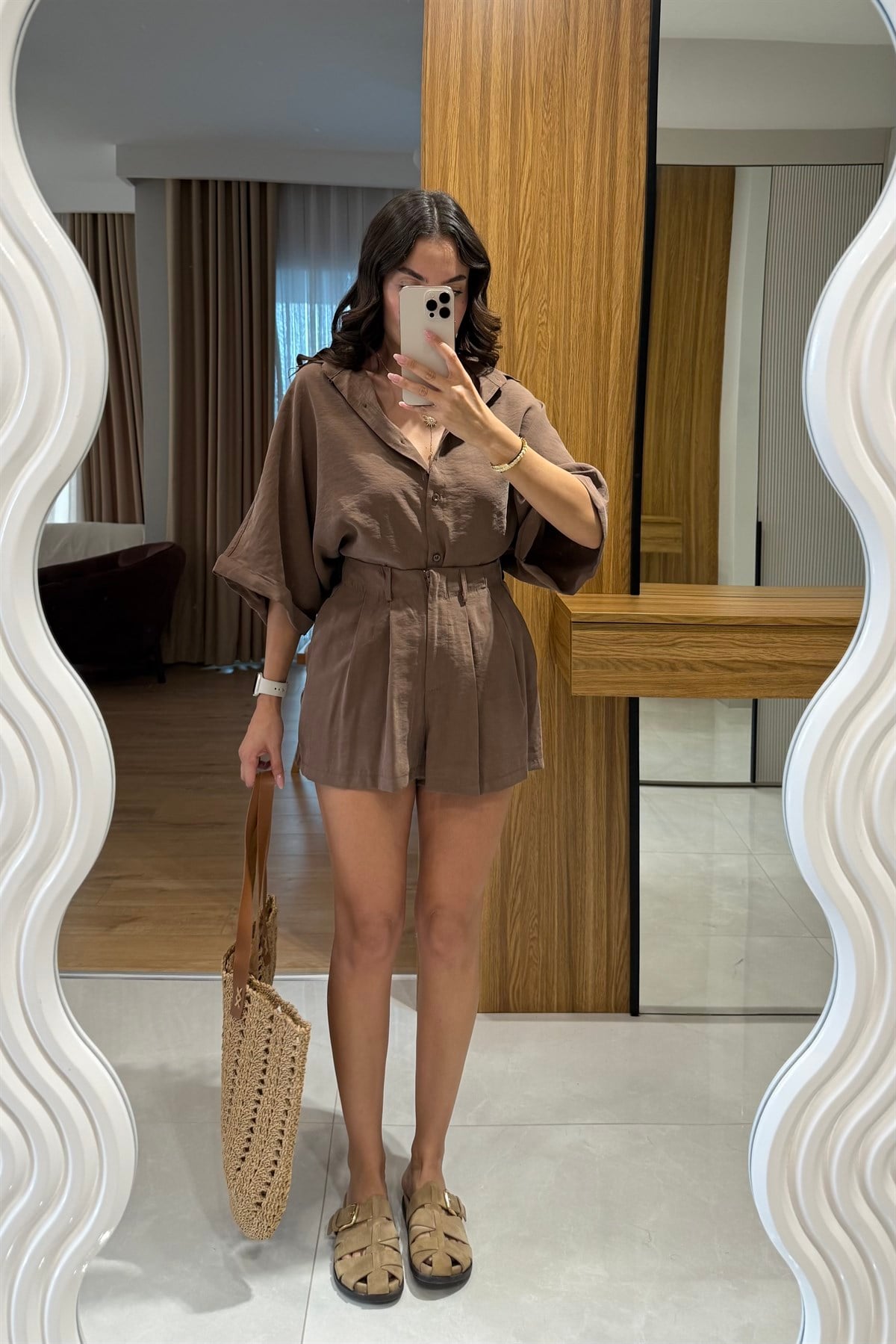 Klara Kahverengi Tensel Şort Gömlek Takım