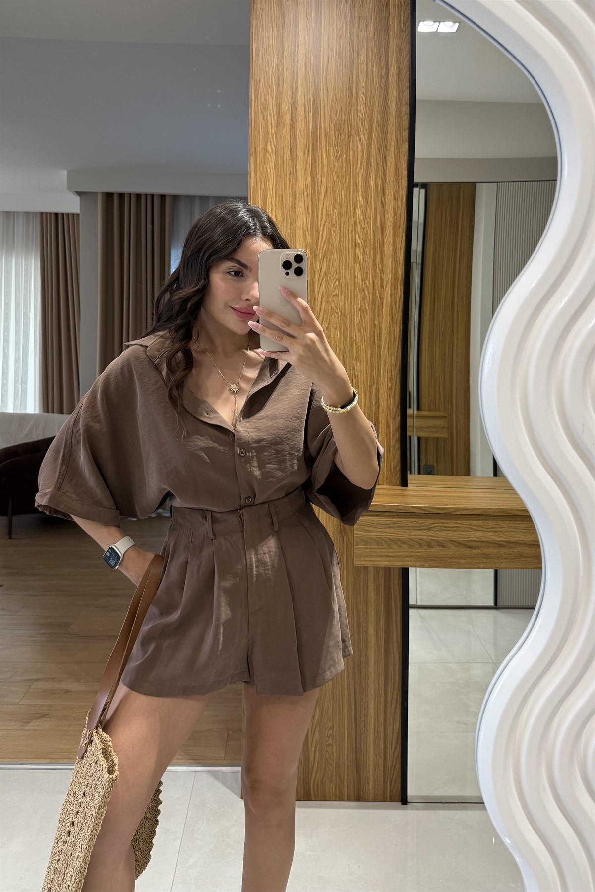 Klara Kahverengi Tensel Şort Gömlek Takım