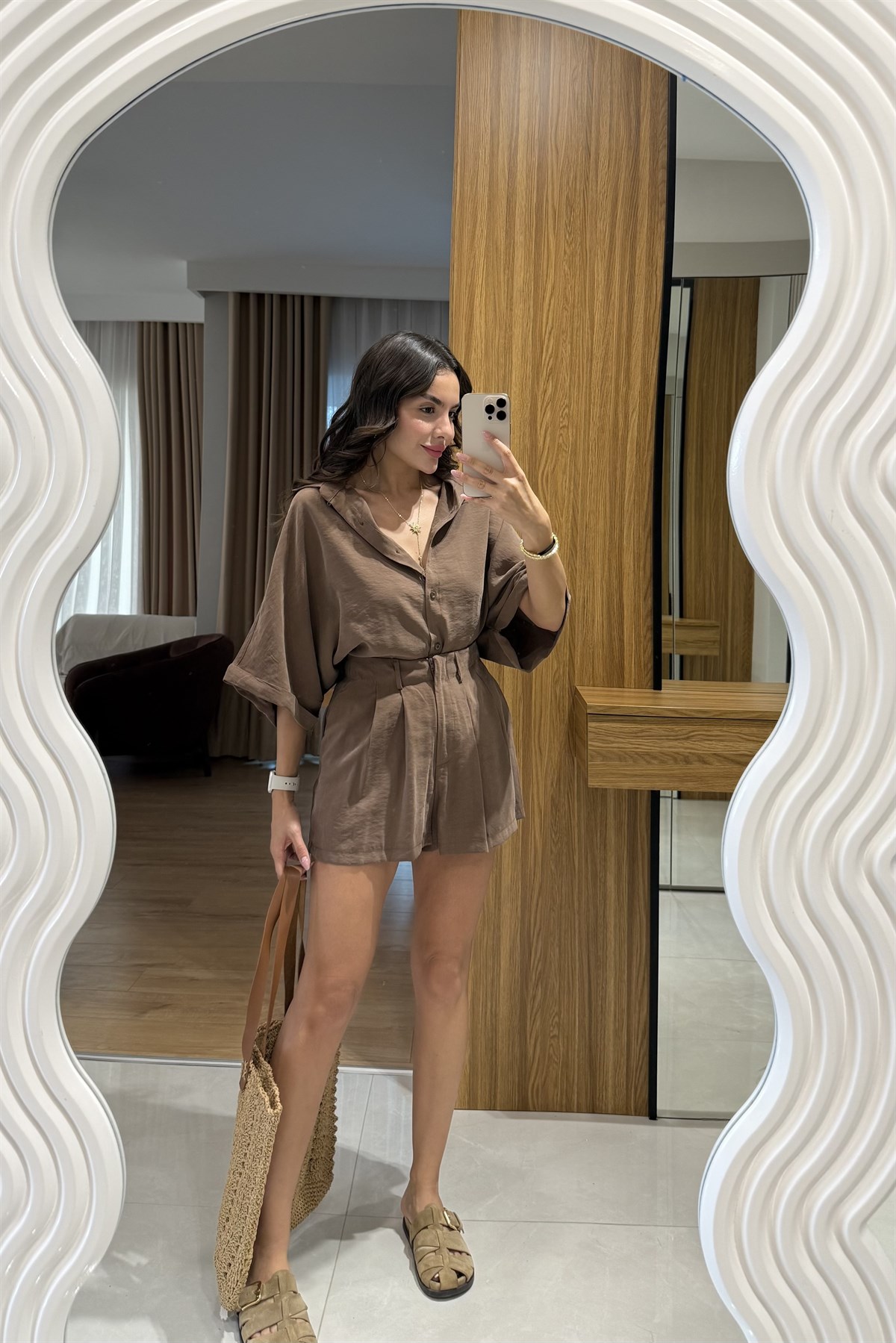 Klara Kahverengi Tensel Şort Gömlek Takım