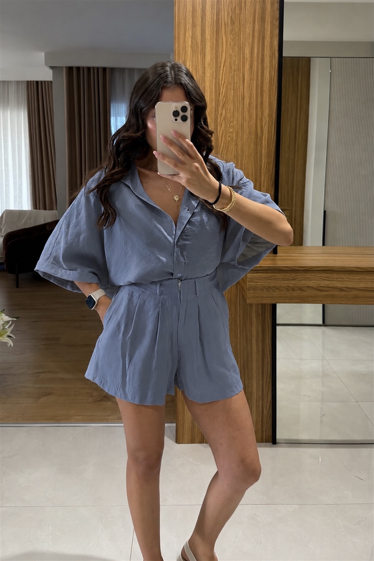 Klara Lacivert Tensel Şort Gömlek Takım