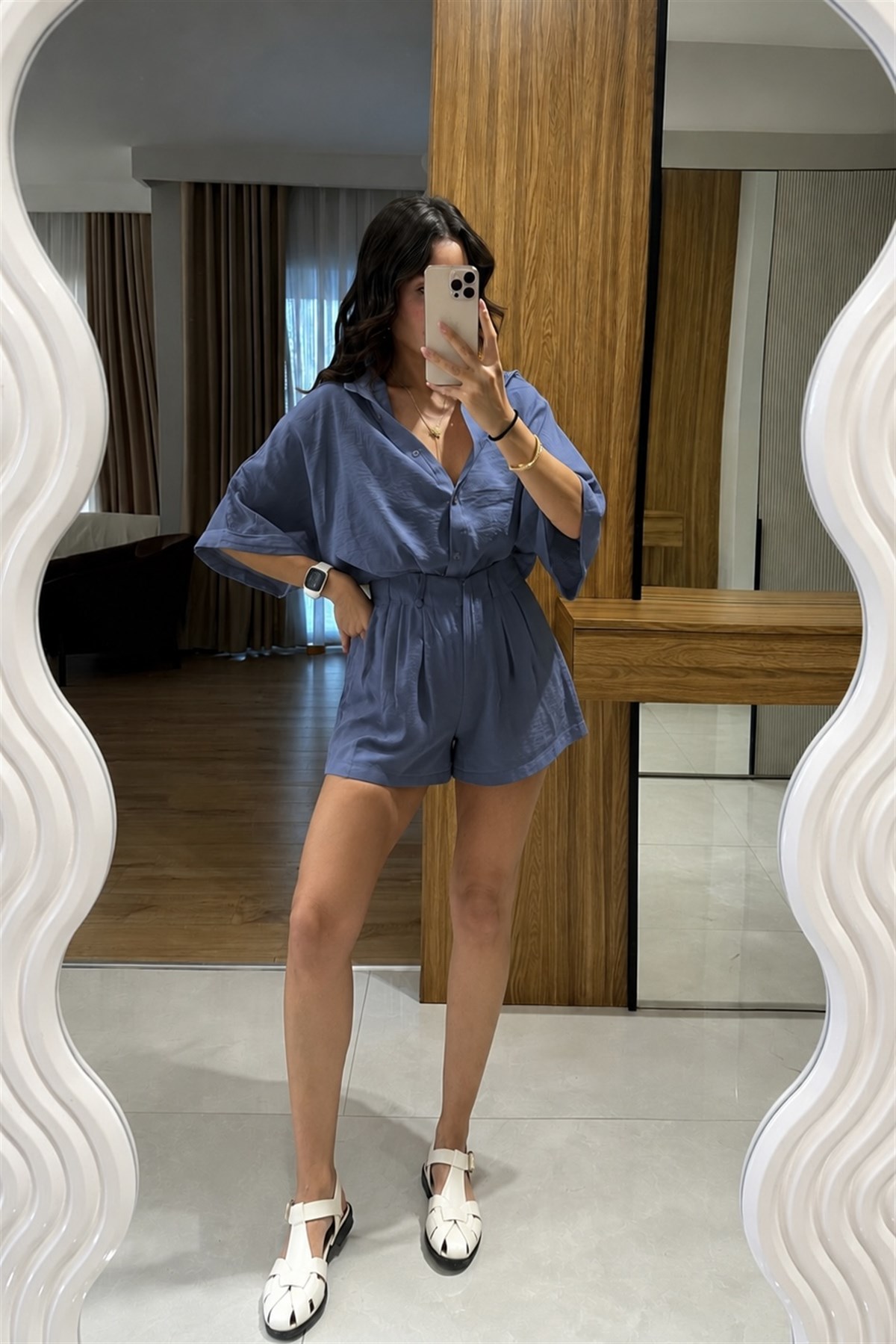 Klara Lacivert Tensel Şort Gömlek Takım