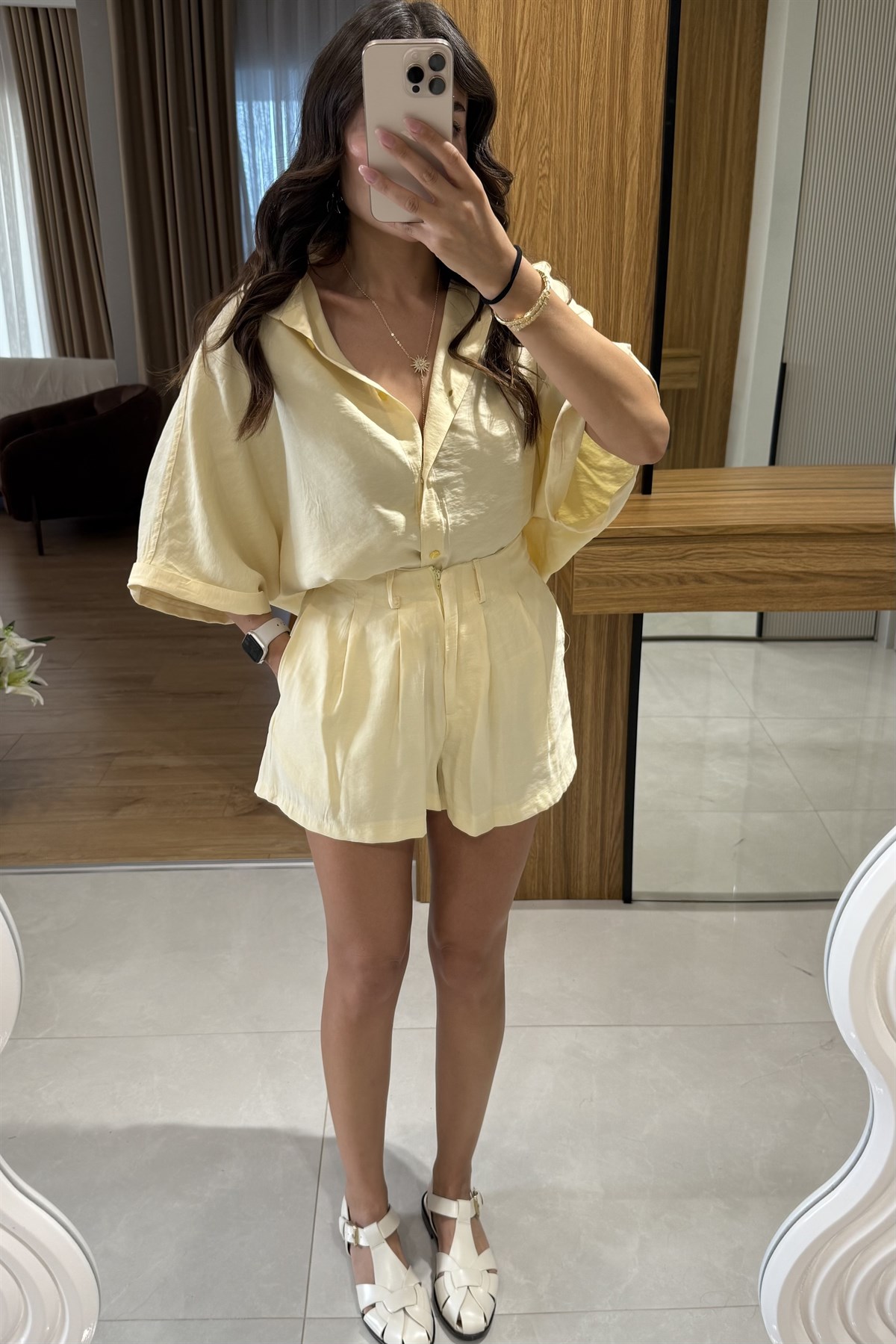 Klara Sarı Tensel Şort Gömlek Takım