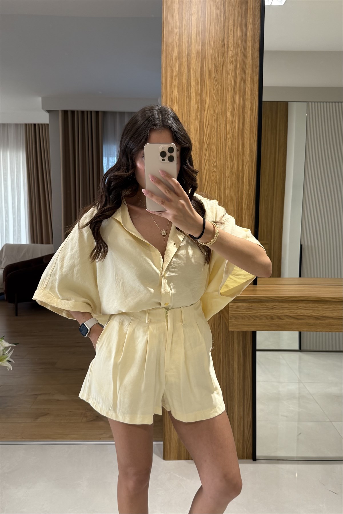 Klara Sarı Tensel Şort Gömlek Takım